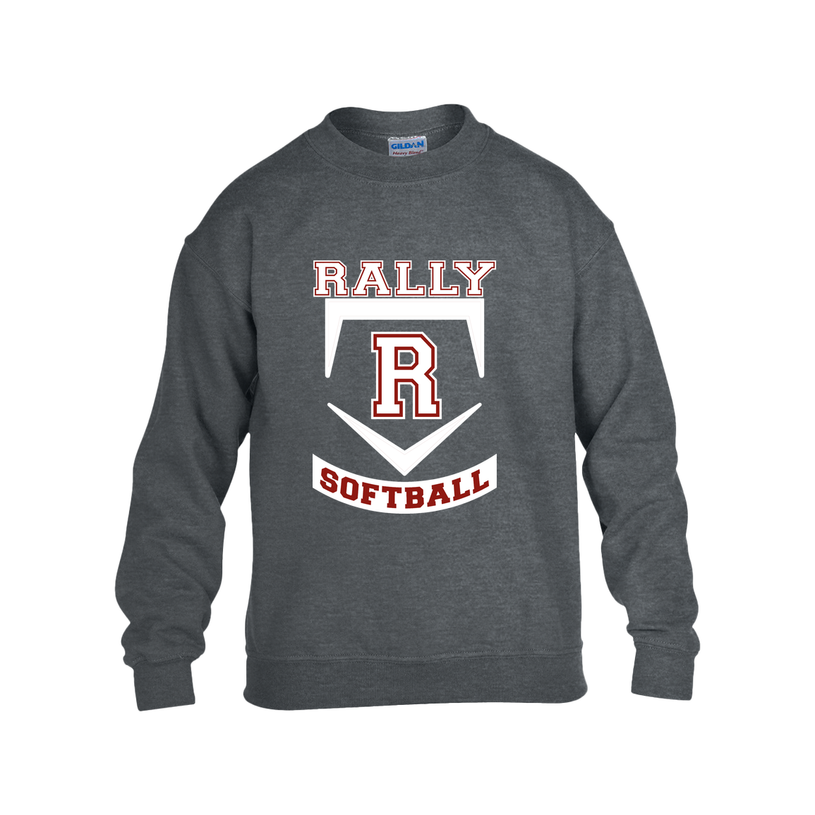 rally-softball-base-white-gildan-kids-heavy-blend-fleece-crew — Dark Heather — Front — source sha256 6d13b71e0a529bfa3e3dd629ca153d6655e3d68573f918ef89f592c59262ebbf — Color position 2