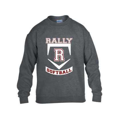 rally-softball-base-white-gildan-kids-heavy-blend-fleece-crew — Dark Heather — Front — source sha256 6d13b71e0a529bfa3e3dd629ca153d6655e3d68573f918ef89f592c59262ebbf — Color position 2