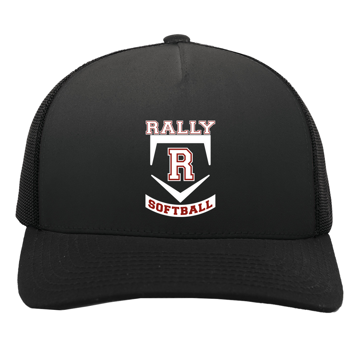 rally-softball-base-white-pacific-headwear-5-panel-trucker-snapback-cap — Black/Black — Front — source sha256 9dd6a4dd6f78034c6651b2052009828b7a938b44b9128a28fef2e89539bc972a — Color position 2