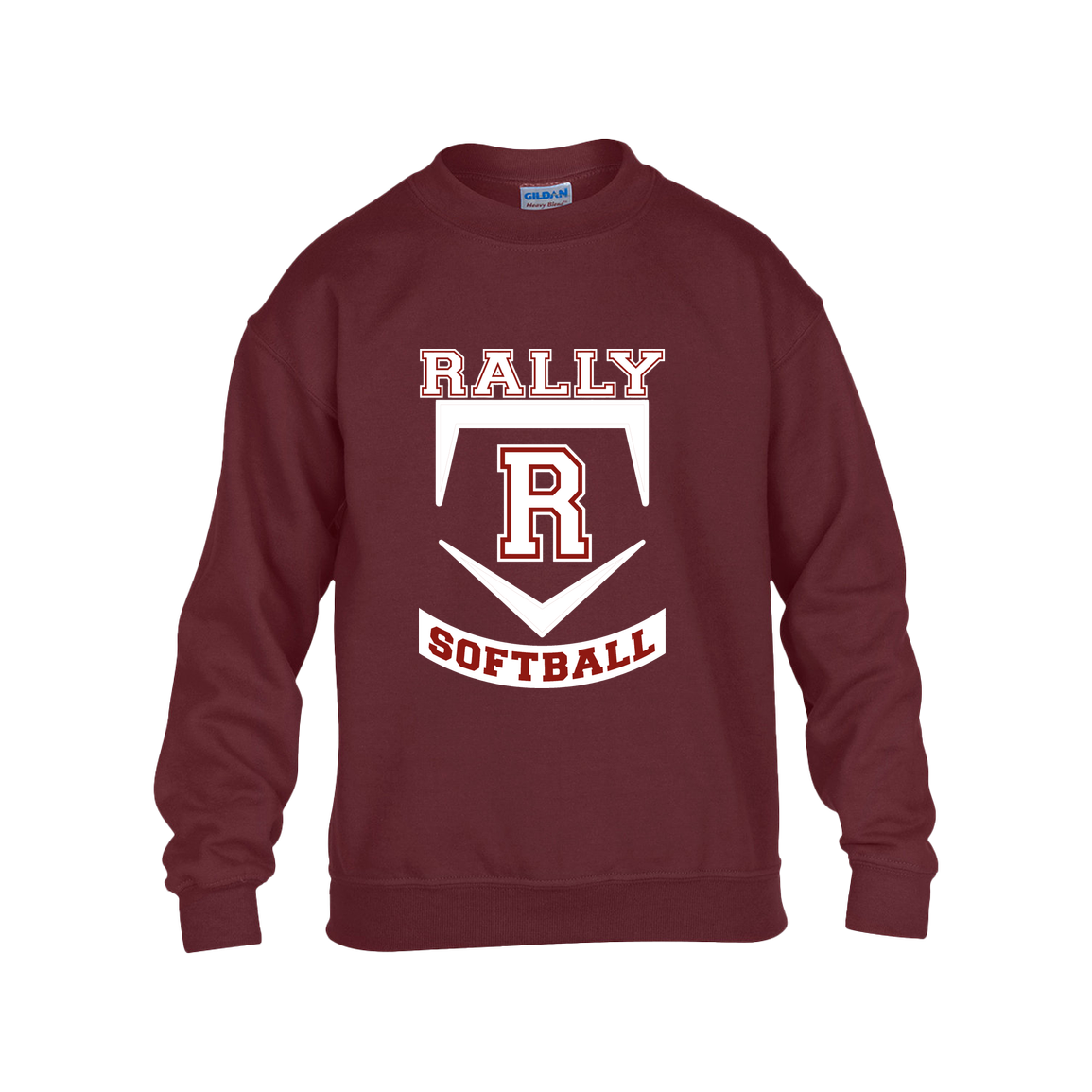 rally-softball-base-white-gildan-kids-heavy-blend-fleece-crew — Maroon — Front — source sha256 a5ee91d5da86897190c9cd912700e9ba12afc98c2d02162251f40d31d1ffa41d — Color position 3