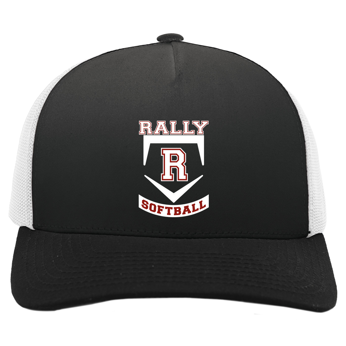 rally-softball-base-white-pacific-headwear-5-panel-trucker-snapback-cap — Black/White — Front — source sha256 e81414efb22366b9dddf258afe76f701b23a321665e7fef2f5b448e1d2b18cf8 — Color position 3