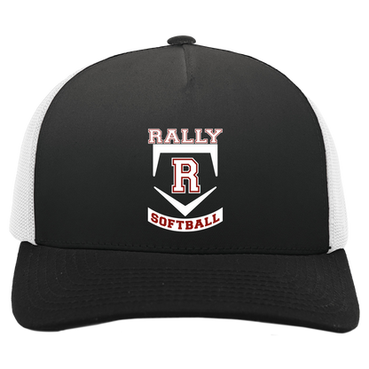 rally-softball-base-white-pacific-headwear-5-panel-trucker-snapback-cap — Black/White — Front — source sha256 e81414efb22366b9dddf258afe76f701b23a321665e7fef2f5b448e1d2b18cf8 — Color position 3