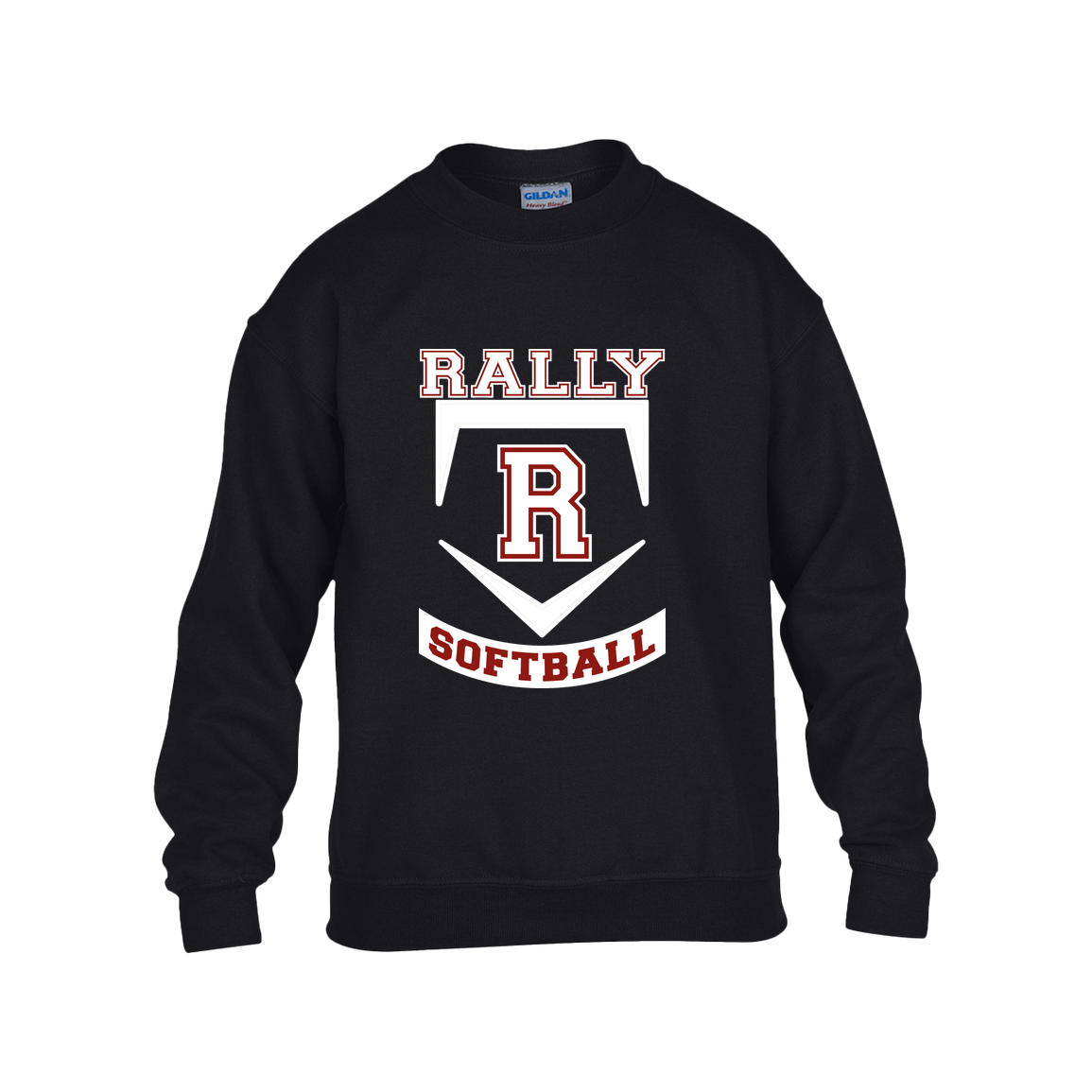 rally-softball-base-white-gildan-kids-heavy-blend-fleece-crew — Black — Front — source sha256 f5f8982f197faad0d144d8128133c15f8f88231e8bcf9d33804e4fb97ab44661 — Color position 1