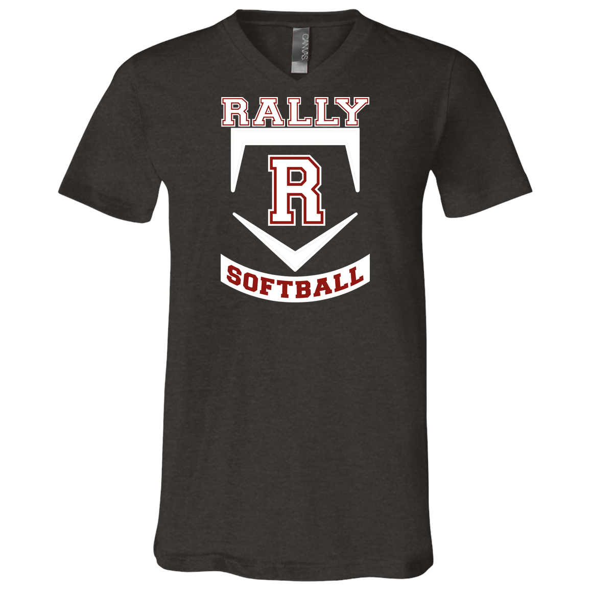 rally-softball-base-white-bella-canvas-unisex-jersey-ss-v-neck-t-shirt — Dark Grey Heather — Front — source sha256 f8e6273c929d51e940f513437d5ad012020148b0f774bc4862c0a137888d09d5 — Color position 2