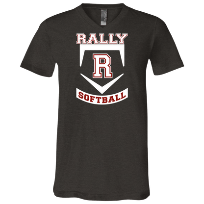 rally-softball-base-white-bella-canvas-unisex-jersey-ss-v-neck-t-shirt — Dark Grey Heather — Front — source sha256 f8e6273c929d51e940f513437d5ad012020148b0f774bc4862c0a137888d09d5 — Color position 2