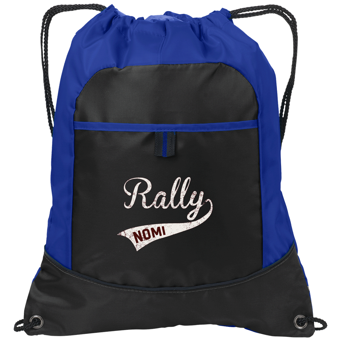 rally-softball-rally-original-white-port-authority-pocket-cinch-pack — Black/Hyper Blue — Front — source sha256 7ef8ab75fc1eb5db74e09ca64166c9df67974cf2fc99c12b429b2b307e177044 — Color position 2
