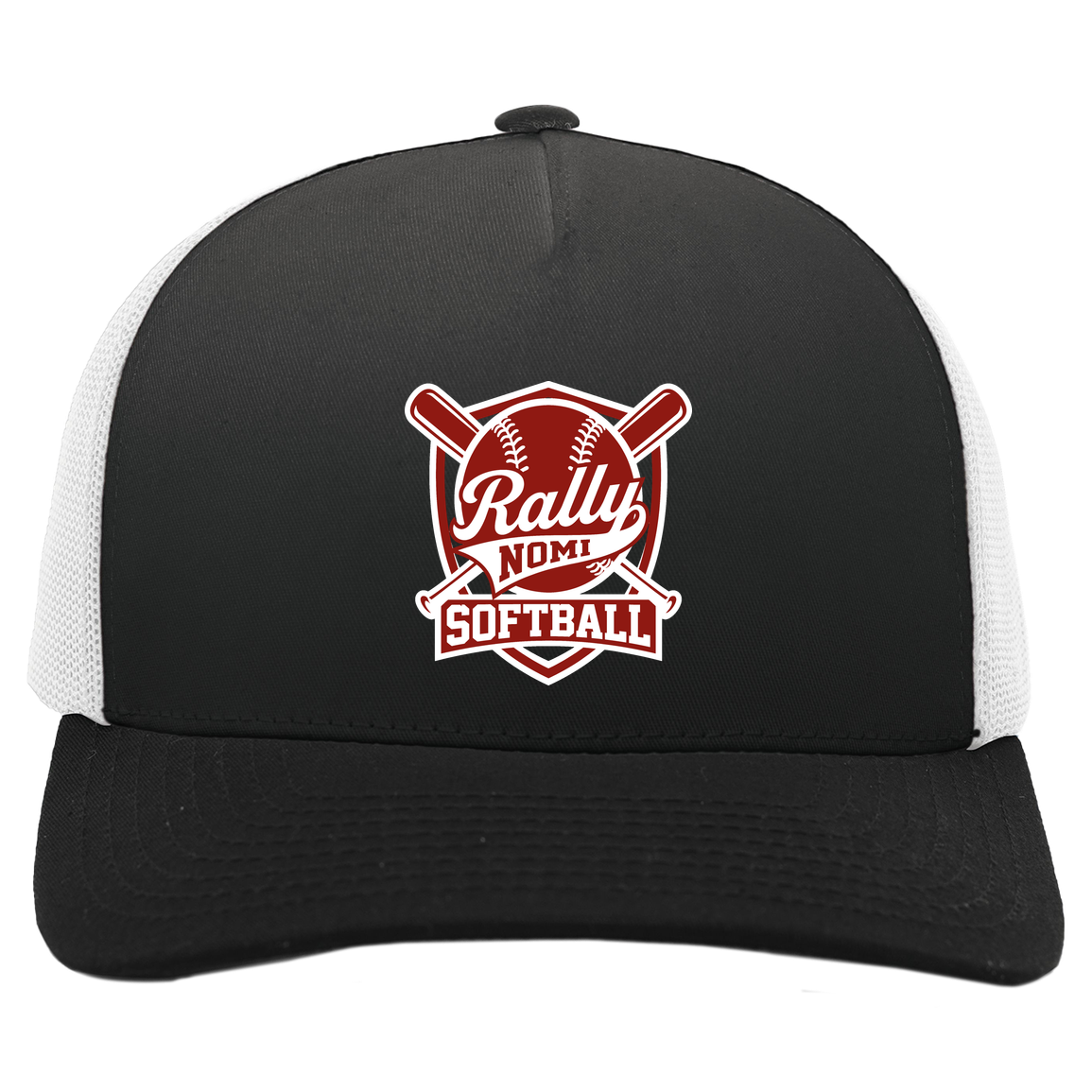 rally-softball-rally-shield-white-pacific-headwear-5-panel-trucker-snapback-cap — Black/White — Front — source sha256 06d89c74909cad7f4395dc27ab4873ecb5f55946eddfdebffe58607a9c1d13d5 — Color position 3