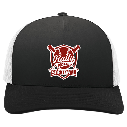 rally-softball-rally-shield-white-pacific-headwear-5-panel-trucker-snapback-cap — Black/White — Front — source sha256 06d89c74909cad7f4395dc27ab4873ecb5f55946eddfdebffe58607a9c1d13d5 — Color position 3