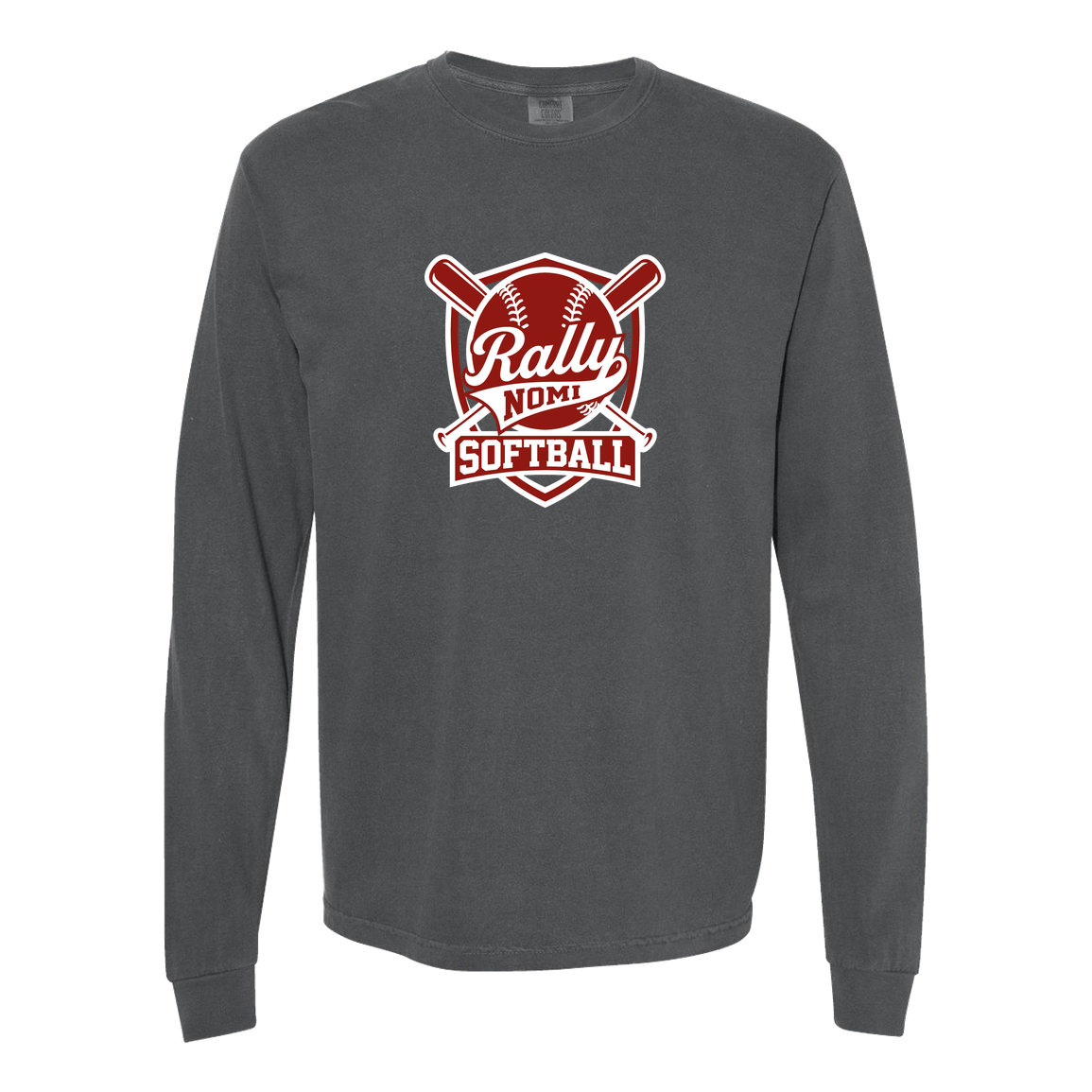 rally-softball-rally-shield-white-comfort-colors-adult-heavyweight-long-sleeve-tee — Pepper — Front — source sha256 08aee5114c08ac3ac4beddfe39158a117603b32cadc25f602c9299e8487b0312 — Color position 1