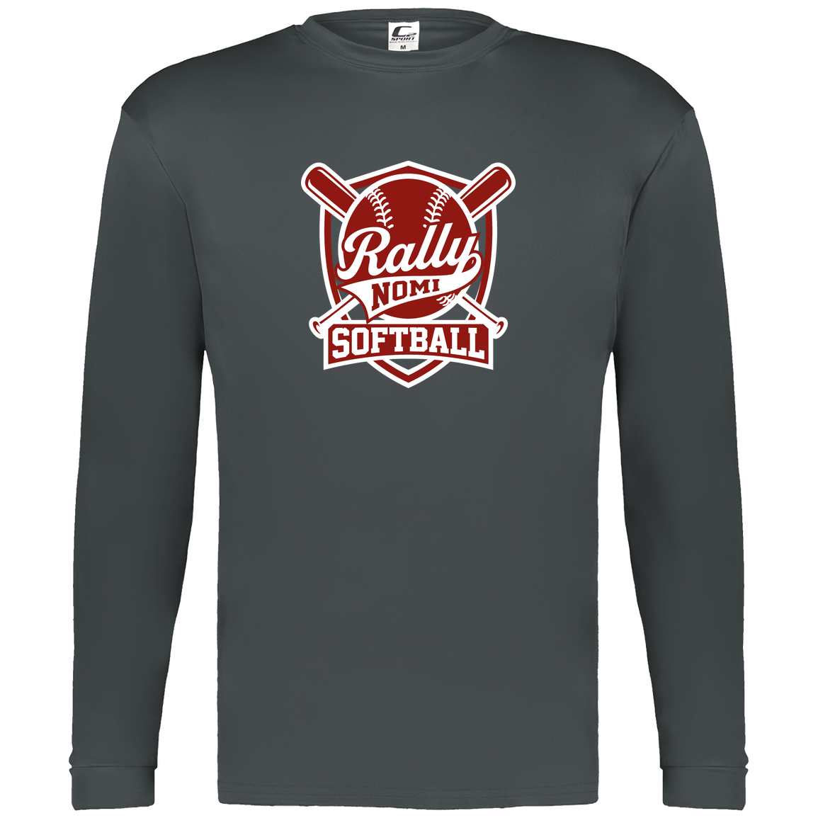 rally-softball-rally-shield-white-c2-mens-performance-long-sleeve-tee — Graphite — Front — source sha256 0b69d04943e44d842d623106e04fc76dab5398359143cf5d78e00f01026677d3 — Color position 2