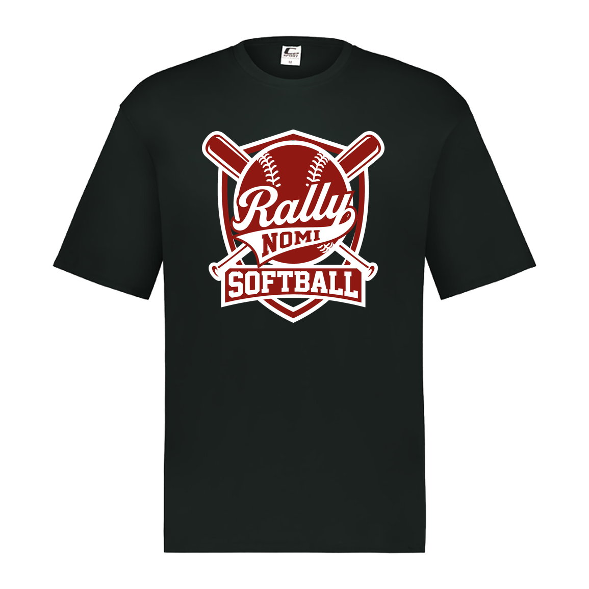 rally-softball-rally-shield-white-c2-mens-performance-short-sleeve-tee — Black — Front — source sha256 0bce54bf3ca38d5bdd8a0f7c2c31dcf9722555e08992de09e5896bc0f9d7ecfb — Color position 1