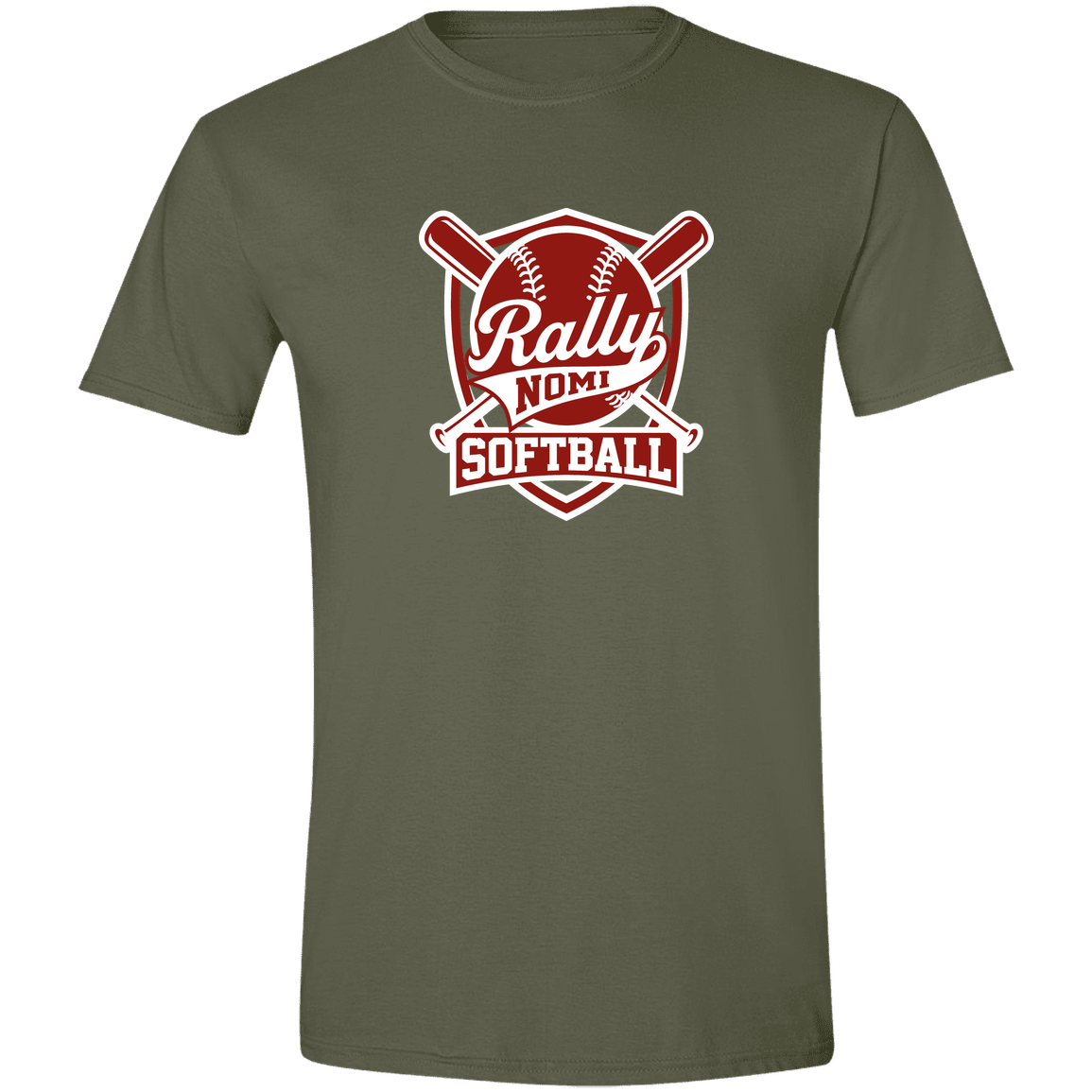 rally-softball-rally-shield-white-gildan-mens-softstyle-tee — Military Green — Front — source sha256 148bd7352f7c8a8f8976d43c10ef68a9006f7404c07a145077c3a8746e0a5456 — Color position 1