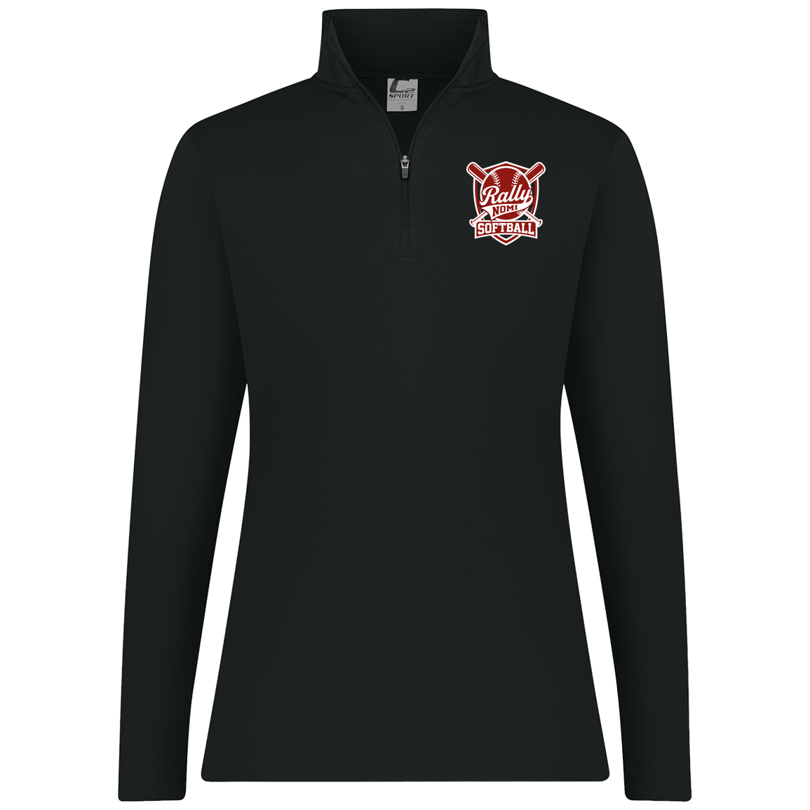 rally-softball-rally-shield-white-c2-womens-1-4-zip-pullover — Black — Front — source sha256 1a3bc7158ccb390bc7818a1b71d02578ce991ad8b0a59d8772cea624cf10fa36 — Color position 1