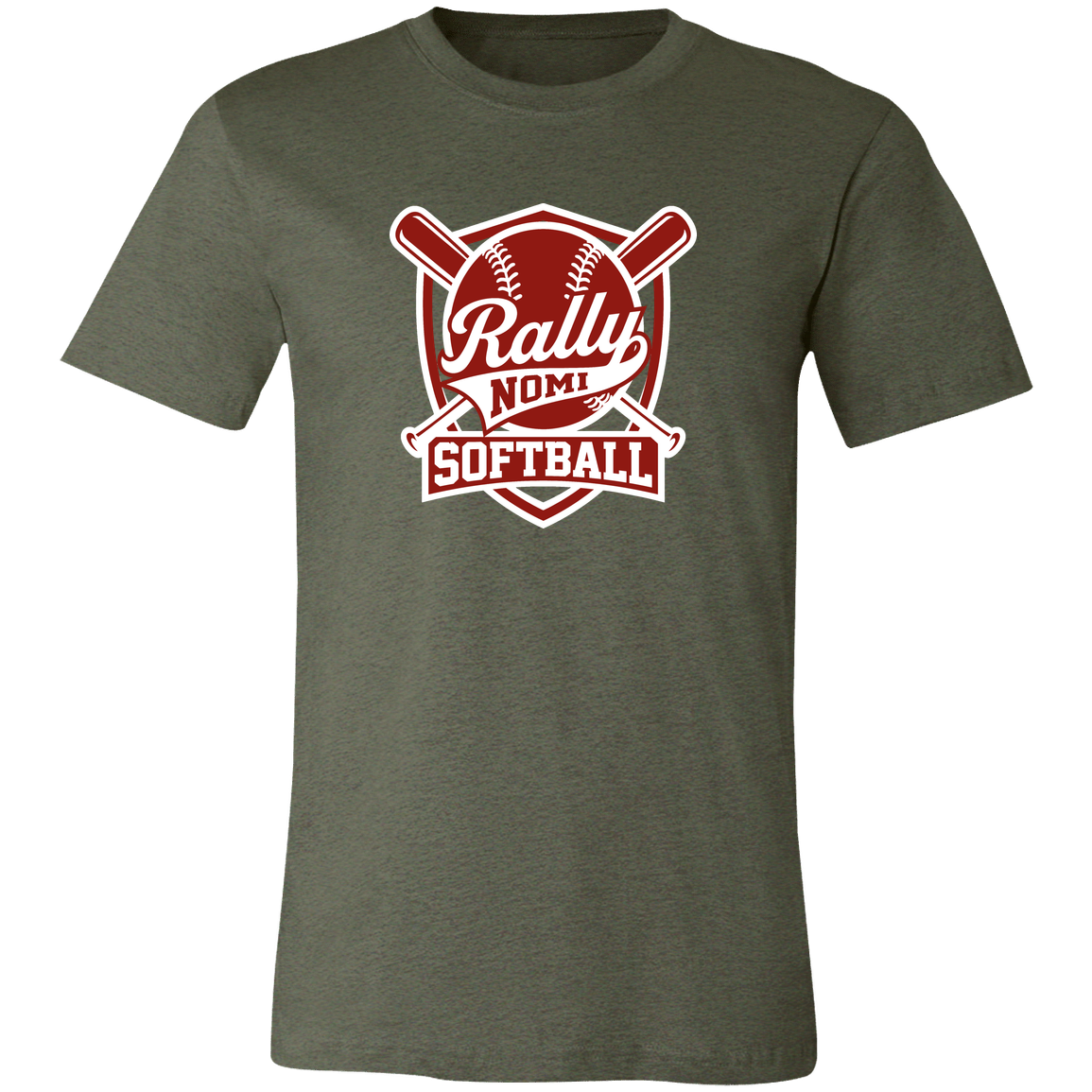 rally-softball-rally-shield-white-bella-canvas-unisex-jersey-short-sleeve-t-shirt — Heather Military Green — Front — source sha256 425340b33c36c0b932f6b02fdea3d81c85747880e717b786de5a2ecd9537e2e7 — Color position 1