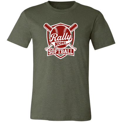 rally-softball-rally-shield-white-bella-canvas-unisex-jersey-short-sleeve-t-shirt — Heather Military Green — Front — source sha256 425340b33c36c0b932f6b02fdea3d81c85747880e717b786de5a2ecd9537e2e7 — Color position 1