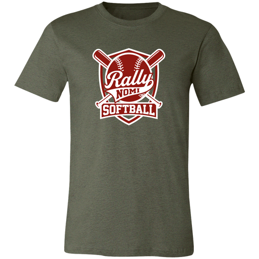 rally-softball-rally-shield-white-bella-canvas-unisex-jersey-short-sleeve-t-shirt — Heather Military Green — Front — source sha256 425340b33c36c0b932f6b02fdea3d81c85747880e717b786de5a2ecd9537e2e7 — Color position 1