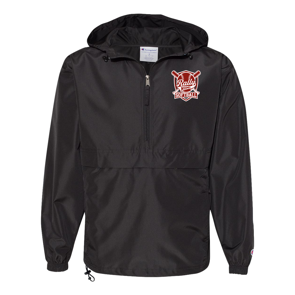 rally-softball-rally-shield-white-champion-unisex-packable-anorak-jacket — Black — Front — source sha256 488ca1f398df0adece7691aa297fd22c8ec93ff624fd0de250cf52791f310ef5 — Color position 1