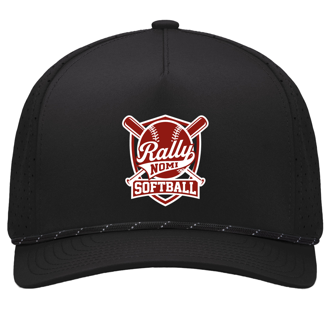 rally-softball-rally-shield-white-pacific-headwear-weekender-perforated-snapback-cap — Black/Black — Front — source sha256 53b3d888a5a073b1b81871b8b9a3bdc261892d9b5c7cf4a7545e37efa89345f8 — Color position 1