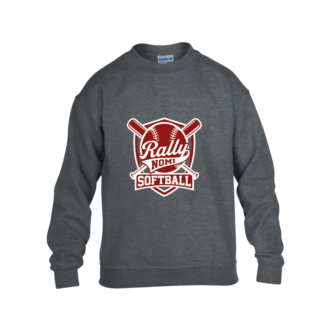 rally-softball-rally-shield-white-gildan-kids-heavy-blend-fleece-crew — Dark Heather — Front — source sha256 7751ea40fe7114fca53ee3c96313be099b397c483595ccba0174e53586211c7c — Color position 1