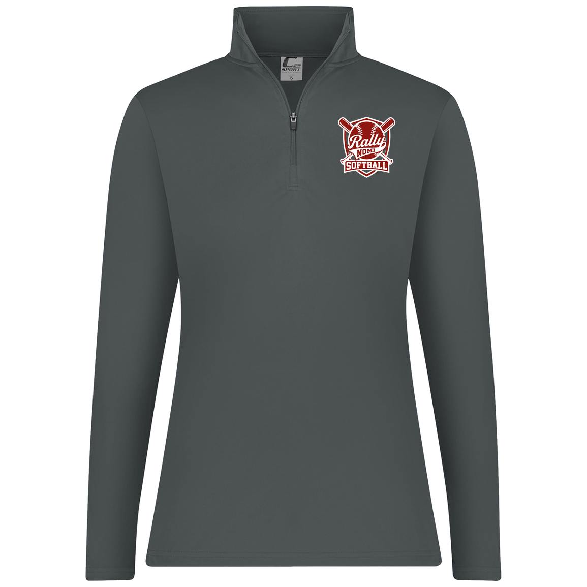 rally-softball-rally-shield-white-c2-womens-1-4-zip-pullover — Graphite — Front — source sha256 89fe1779b16a2377df984ed4e7344de1953d91b16effb96a264eb4ec89f9e8c9 — Color position 2