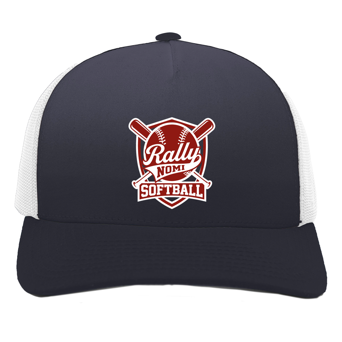 rally-softball-rally-shield-white-pacific-headwear-5-panel-trucker-snapback-cap — Navy/White — Front — source sha256 abcb2c42d8165a41baa834a61202eb4a3accbfc8effb5ced1b484d46b3160a99 — Color position 1