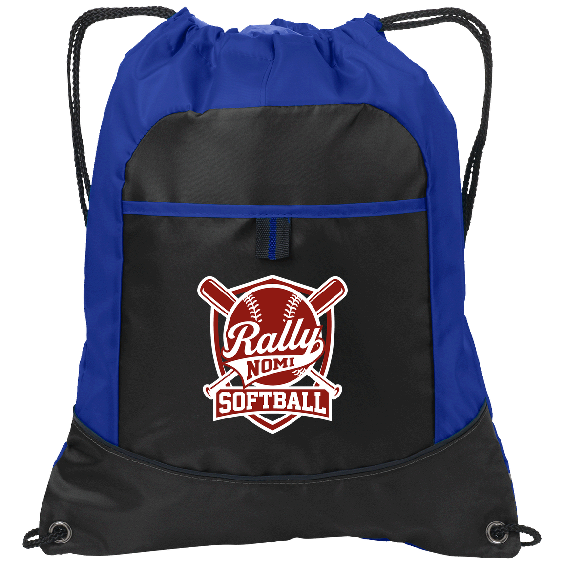 rally-softball-rally-shield-white-port-authority-pocket-cinch-pack — Black/Hyper Blue — Front — source sha256 b2c4e62f3806e473ce28b831b63bbf7b6d04243655a9c90318acb0c8a0c408f7 — Color position 2