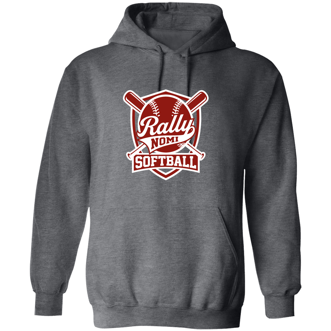 rally-softball-rally-shield-white-gildan-pullover-hoodie — Dark Heather — Front — source sha256 c545248bdf9dc4142a78ef49e2cd82c8ab21081d005d658cf0492cc587fda92c — Color position 1