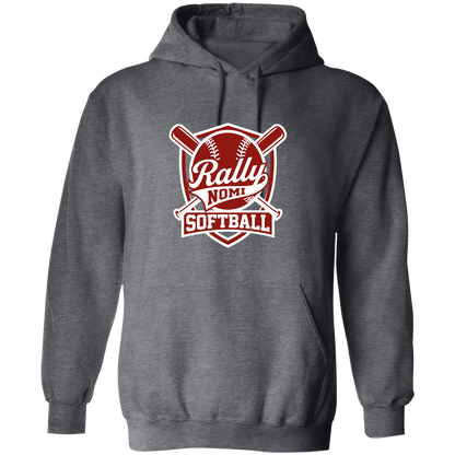 rally-softball-rally-shield-white-gildan-pullover-hoodie — Dark Heather — Front — source sha256 c545248bdf9dc4142a78ef49e2cd82c8ab21081d005d658cf0492cc587fda92c — Color position 1