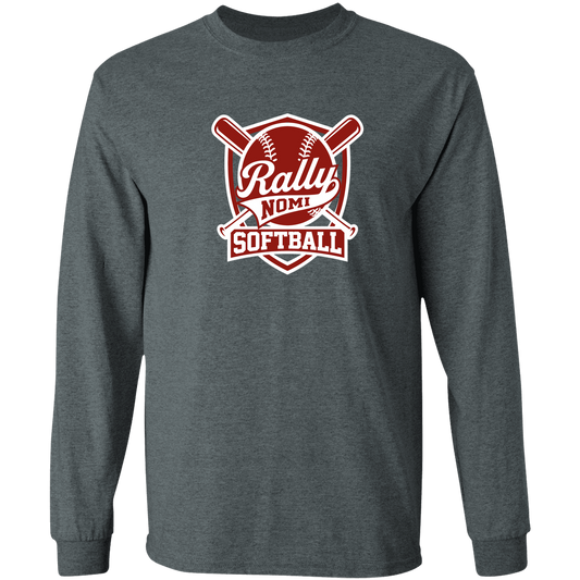 rally-softball-rally-shield-white-gildan-ls-t-shirt-5-3-oz — Dark Heather — Front — source sha256 c7233164298dc6e92f0ee590ed6e6173ac276b53fd73b30967b7ba46c54b71bf — Color position 1