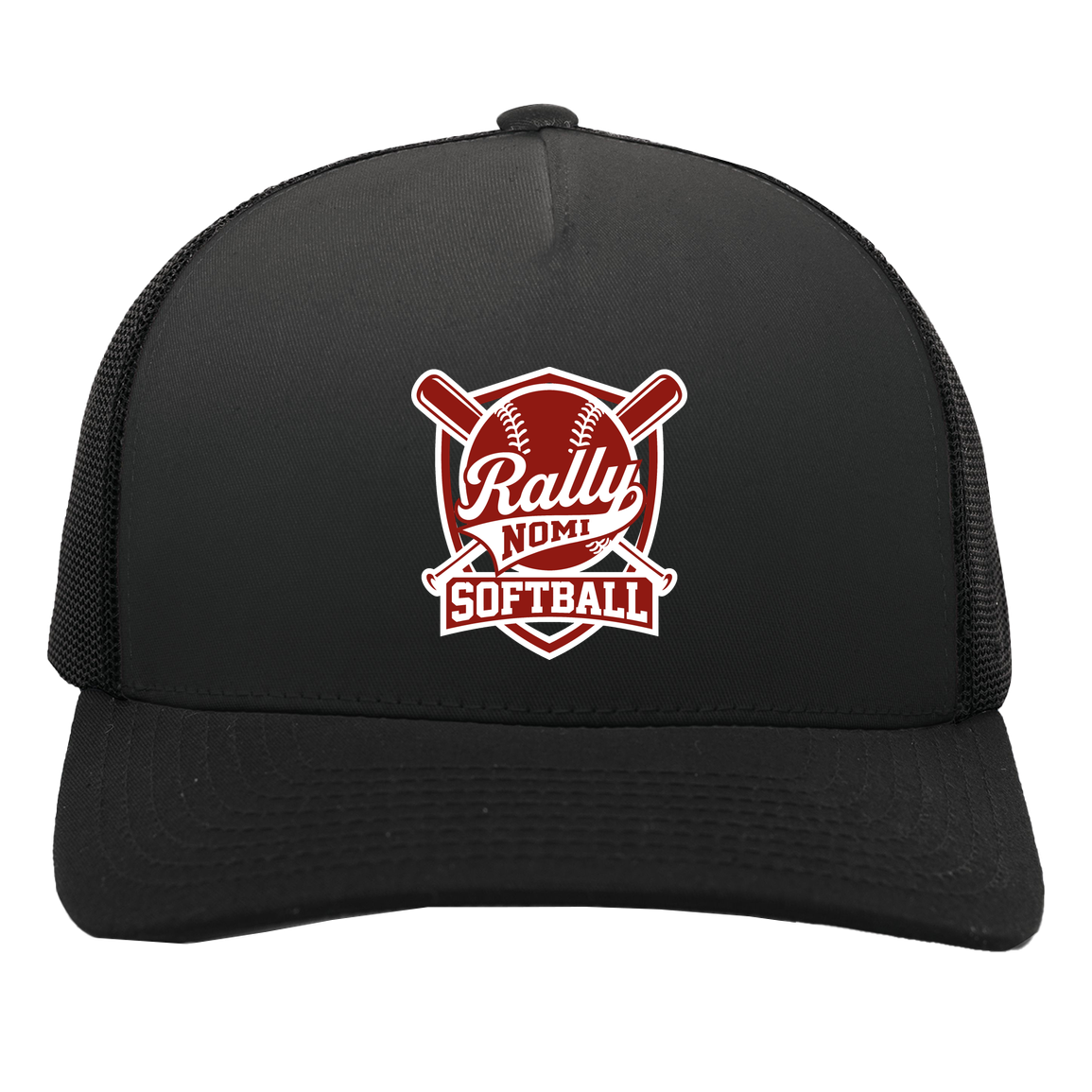rally-softball-rally-shield-white-pacific-headwear-5-panel-trucker-snapback-cap — Black/Black — Front — source sha256 c75d59f1c527224cd7f3a37994060b5373d4a12211e6d15336d400e7665e3888 — Color position 2