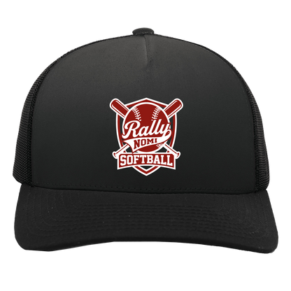 rally-softball-rally-shield-white-pacific-headwear-5-panel-trucker-snapback-cap — Black/Black — Front — source sha256 c75d59f1c527224cd7f3a37994060b5373d4a12211e6d15336d400e7665e3888 — Color position 2