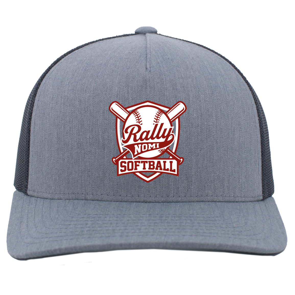 rally-softball-rally-shield-pacific-headwear-5-panel-trucker-snapback-cap — Heather Grey/Light Charcoal — Front — source sha256 cd286f5e5d578ba8b381806ffe7aa9de83c9dcb401f9fb85465f4194037ba9c4 — Color position 2