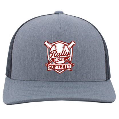 rally-softball-rally-shield-pacific-headwear-5-panel-trucker-snapback-cap — Heather Grey/Light Charcoal — Front — source sha256 cd286f5e5d578ba8b381806ffe7aa9de83c9dcb401f9fb85465f4194037ba9c4 — Color position 2