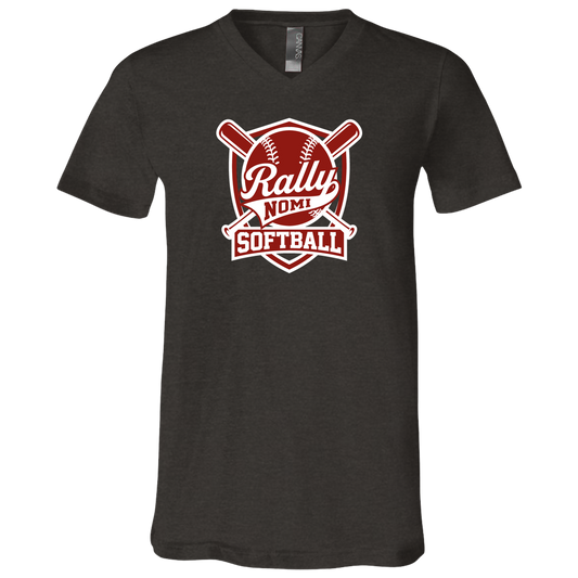 rally-softball-rally-shield-white-bella-canvas-unisex-jersey-ss-v-neck-t-shirt — Dark Grey Heather — Front — source sha256 d4061eefee3bdf60aabb188d693dff225ce734c5ca99589bb17fe0749a4726da — Color position 1