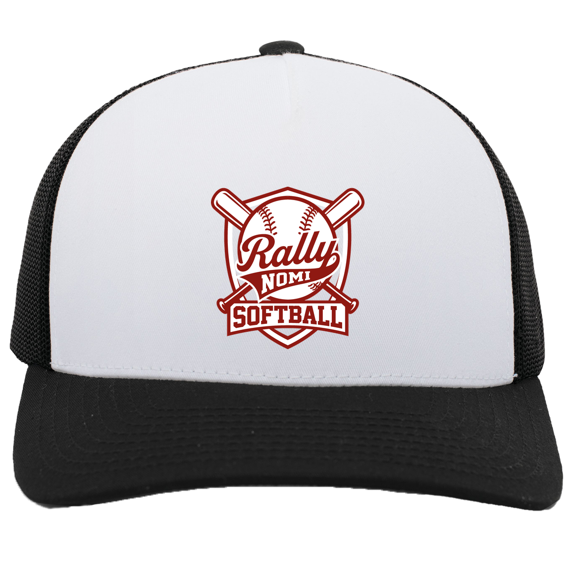 rally-softball-rally-shield-pacific-headwear-5-panel-trucker-snapback-cap — White/Black — Front — source sha256 e2a9faa31bbf1eebc9d76d4b55fc32cc7b001ced368e3f935247d61bd1225f2c — Color position 5