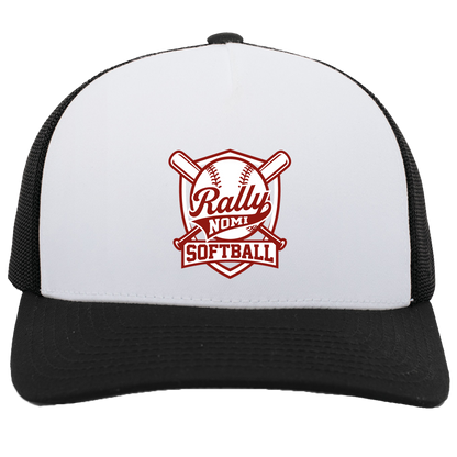 rally-softball-rally-shield-pacific-headwear-5-panel-trucker-snapback-cap — White/Black — Front — source sha256 e2a9faa31bbf1eebc9d76d4b55fc32cc7b001ced368e3f935247d61bd1225f2c — Color position 5