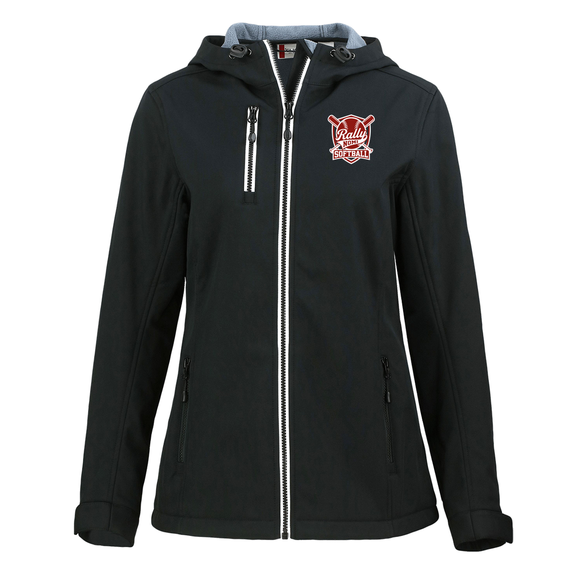 rally-softball-rally-shield-white-clique-womens-eco-stretch-softshell-jacket — Black — Front — source sha256 e4613f0a9b40674ed6748f7197f39d03264e74731e2995ea7639ede74b6ae4ca — Color position 1