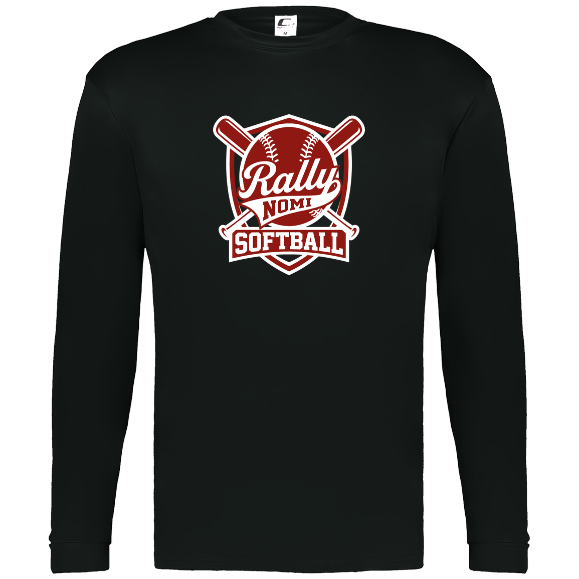 rally-softball-rally-shield-white-c2-mens-performance-long-sleeve-tee — Black — Front — source sha256 e659b6b74249972b9db0bac382402fcd81e76993c0de6cfa48c0ace3ab1f3e23 — Color position 1