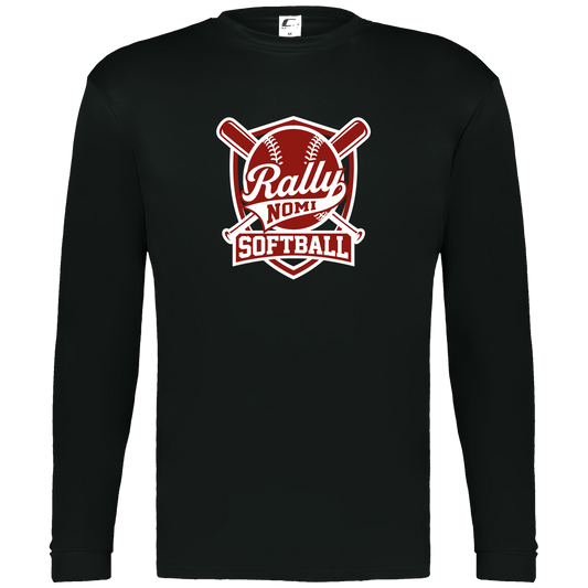 rally-softball-rally-shield-white-c2-mens-performance-long-sleeve-tee — Black — Front — source sha256 e659b6b74249972b9db0bac382402fcd81e76993c0de6cfa48c0ace3ab1f3e23 — Color position 1