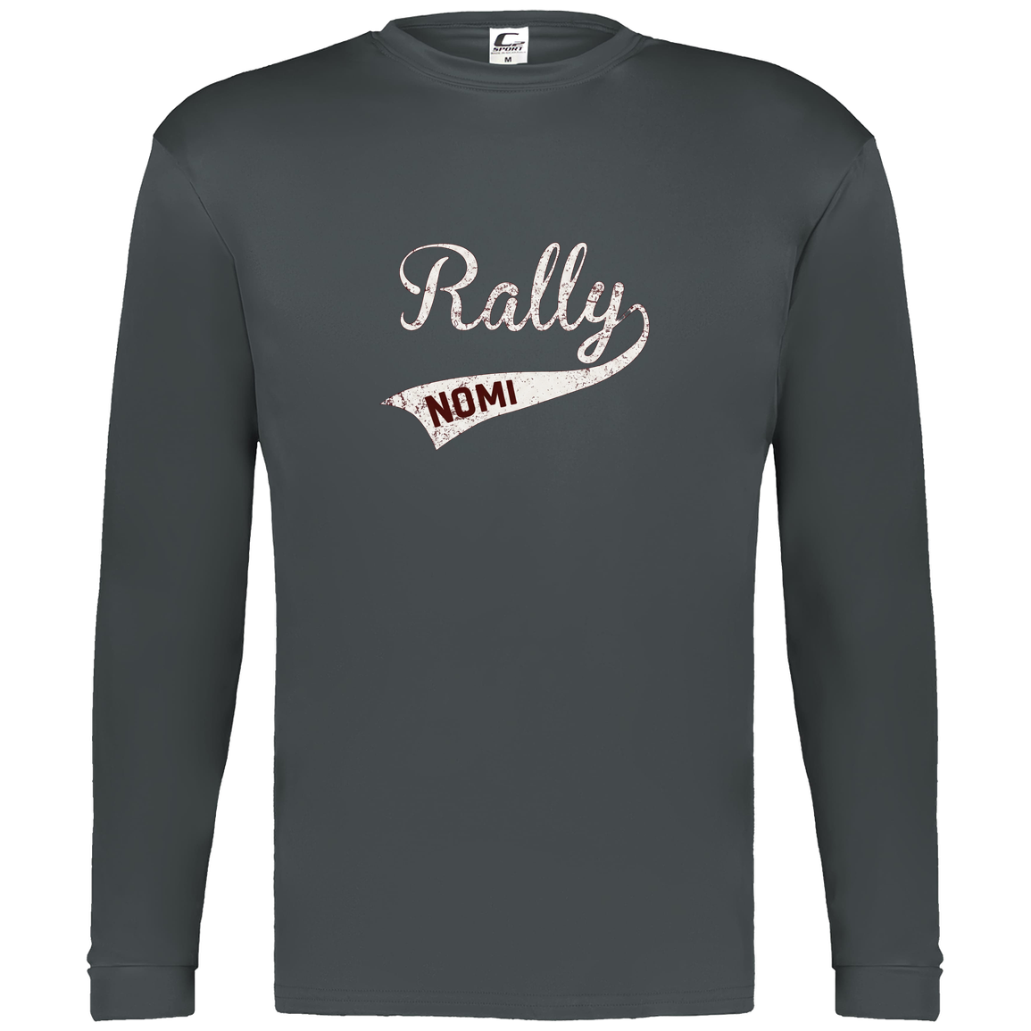 rally-softball-rally-signature-white-c2-mens-performance-long-sleeve-tee — Graphite — Front — source sha256 554556c059905dd9dd1c73b1679db7b0b904a556f81e2d7d2542625582b845b8 — Color position 2