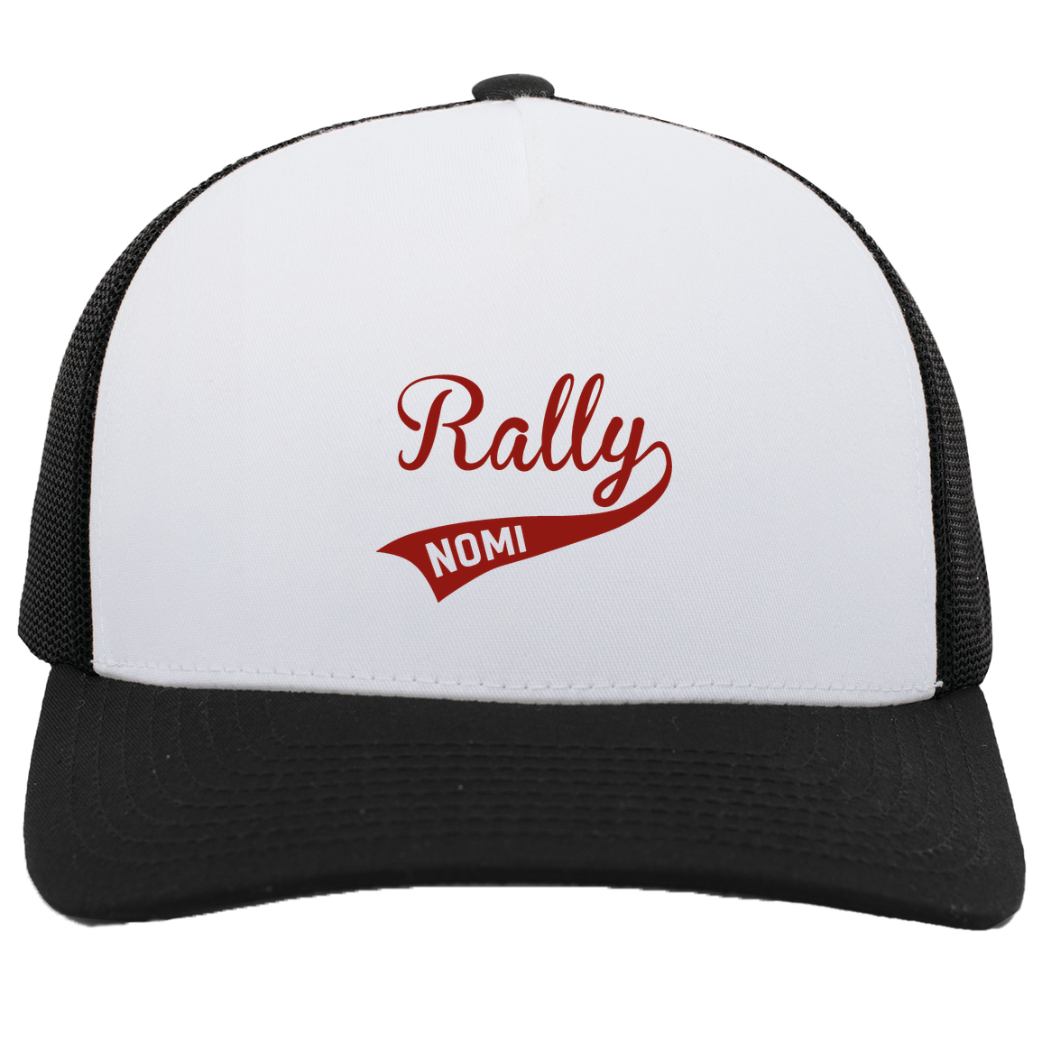 rally-softball-rally-signature-pacific-headwear-5-panel-trucker-snapback-cap — White/Black — Front — source sha256 5b45ecebc2e70af8c5b2f24cdd3662a02d7499f40406293c1cd0329bfd5c7a7a — Color position 2