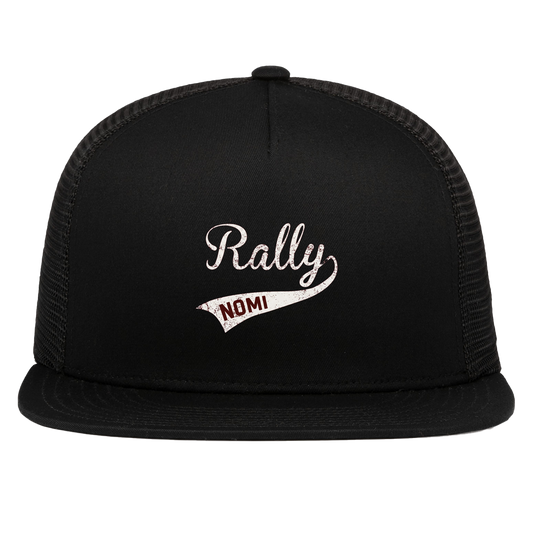 rally-softball-rally-signature-white-pacific-headwear-d-series-5-panel-trucker-snapback-cap — Black — Front — source sha256 621b4aaa98dffcf4f04ec9825c82d86d208e9f65784fa142fa4e42bd283f11ac — Color position 1