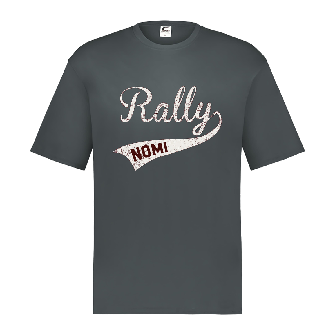 rally-softball-rally-signature-white-c2-mens-performance-short-sleeve-tee — Graphite — Front — source sha256 833bdd80fcf4ad79c2693509ecb9df94b83d635f77850171d069602b0c84aeef — Color position 2