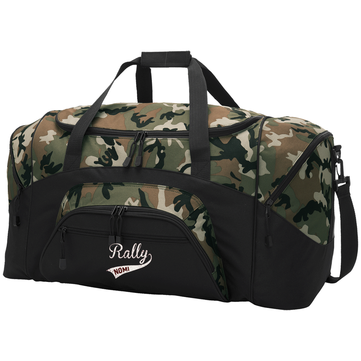 rally-softball-rally-signature-white-port-company-sport-duffel — Black/Camouflage — Front — source sha256 9e399f711330dece113bcfa3b4f47fb3c8c51ebf7af0d1be61dce5f0f9626a23 — Color position 3