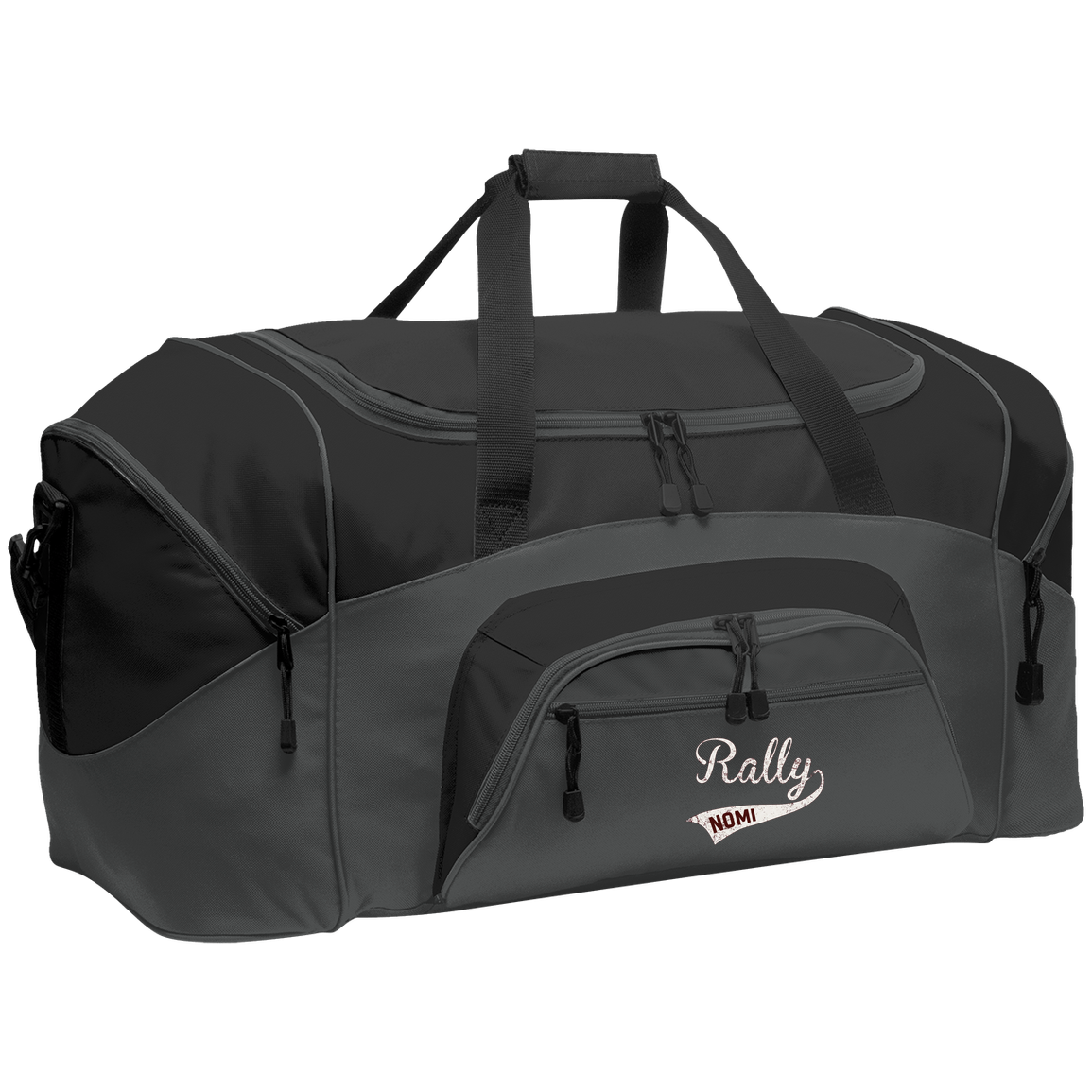 rally-softball-rally-signature-white-port-company-sport-duffel — Dark Charcoal/Black — Front — source sha256 e042322509cd64785c44952340a1f4e8df18862d3184afae7b981987cc2b0a67 — Color position 2
