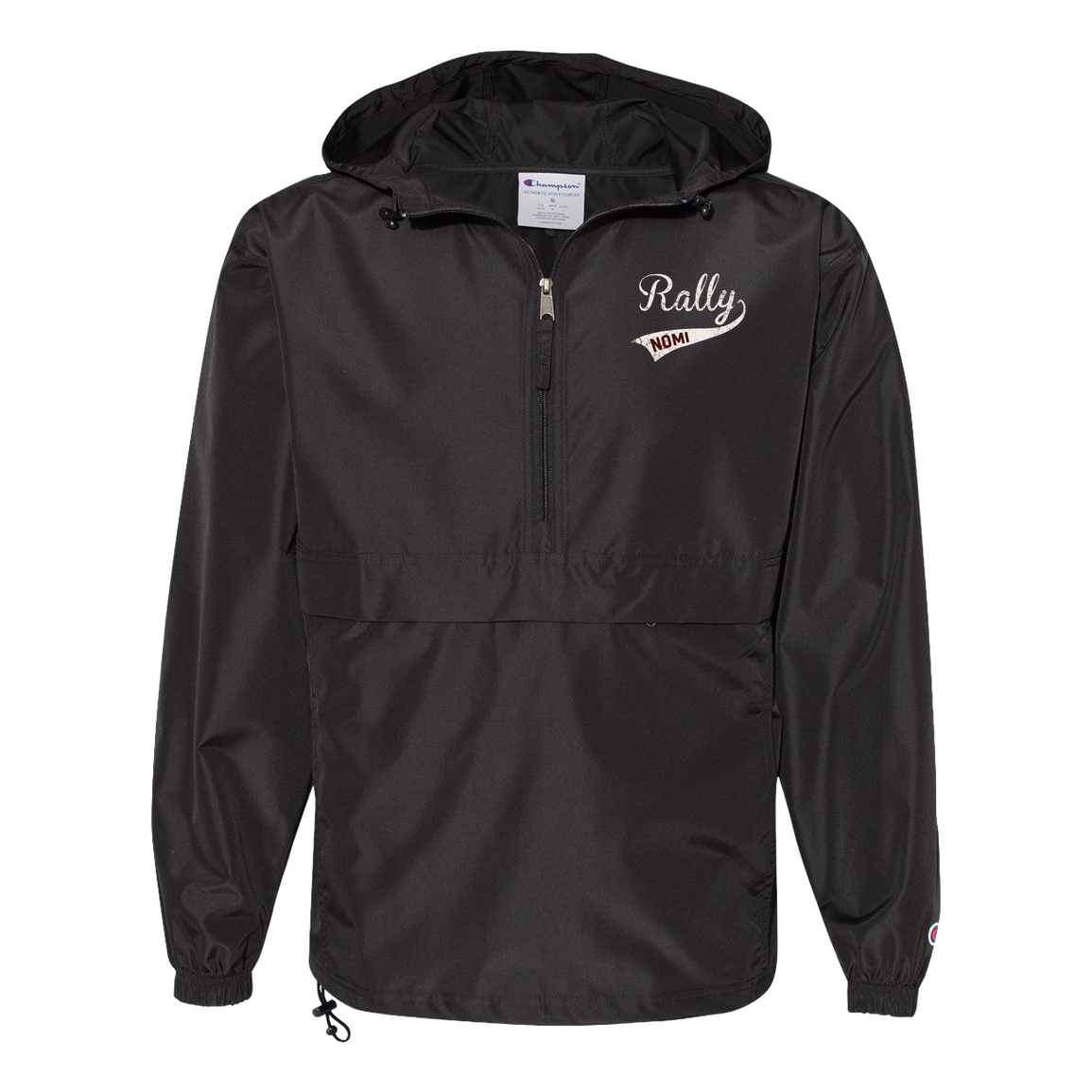 rally-softball-rally-signature-white-champion-unisex-packable-anorak-jacket — Black — Front — source sha256 f1e6da87139d30469110a2afe7929eb25f39c5c5de7ee755c70d186cfaedfafc — Color position 1