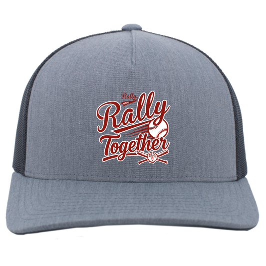 rally-softball-rally-together-pacific-headwear-5-panel-trucker-snapback-cap — Heather Grey/Light Charcoal — Front — source sha256 002e29cb31fecd599c5196f57b6d20b10f5d43f1a1c63ed4dbf51c53950fe9f9 — Color position 2