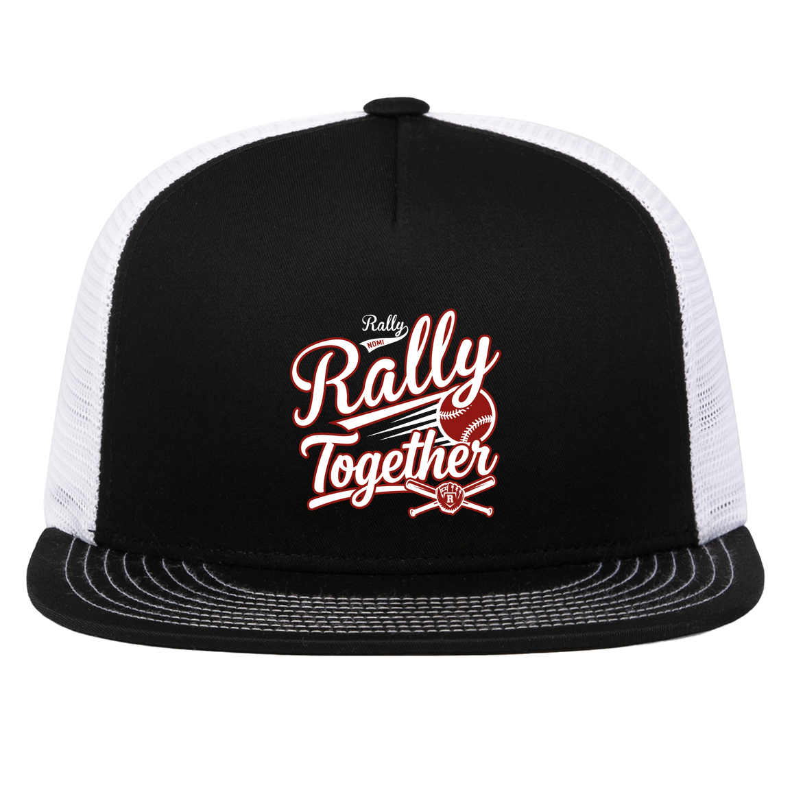 rally-softball-rally-together-white-pacific-headwear-d-series-5-panel-trucker-snapback-cap — Black/White — Front — source sha256 4905c08317c8c42d4be9f01fba8ffdacd80b149ba900743501e8716d73308f05 — Color position 2
