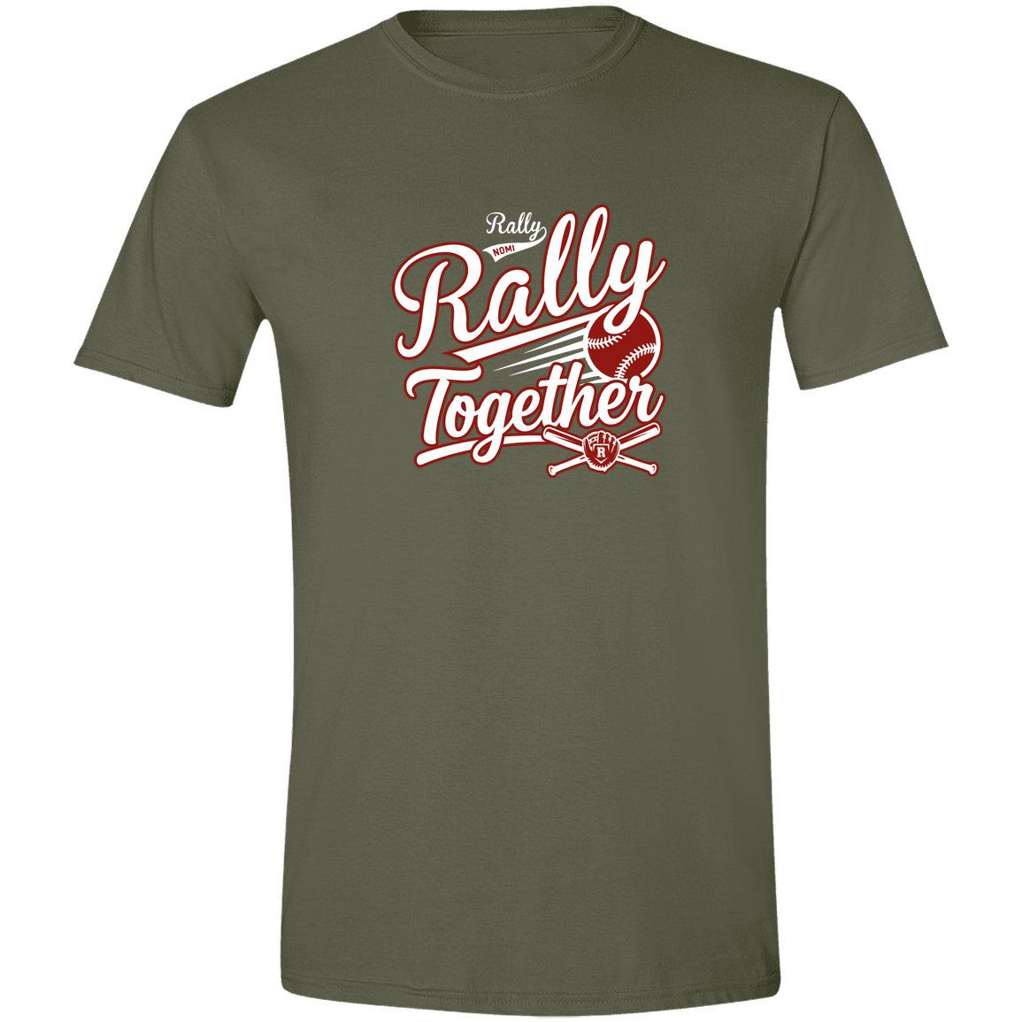 rally-softball-rally-together-white-gildan-mens-softstyle-tee — Military Green — Front — source sha256 4c888cebf99a7e9b8d22d2f6ef092407f72a74045b783f3912010ec829a49f12 — Color position 1