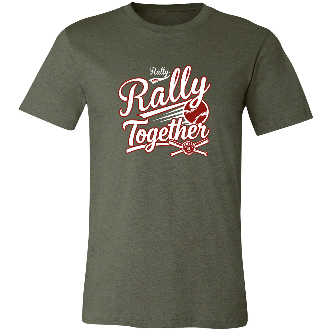 rally-softball-rally-together-white-bella-canvas-unisex-jersey-short-sleeve-t-shirt — Heather Military Green — Front — source sha256 5bbaf25d04bc720400046b8449a22e61f1586422ecd90c1ac5f1446822ec1754 — Color position 1